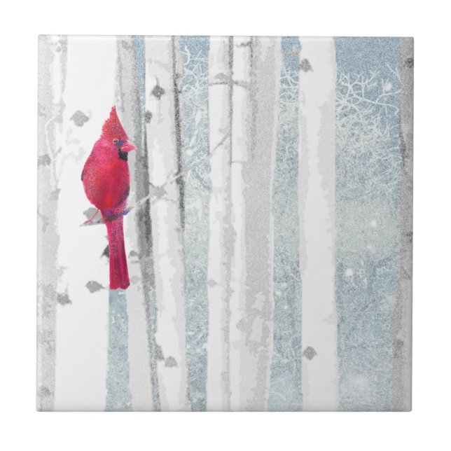 Roter Kardinal Bird in schönem, schneebedecktem Bi Fliese (Vorderseite)