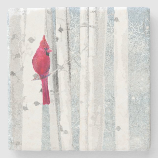 Roter Kardinal Bird in schönem, schneebedecktem Bi Steinuntersetzer (Vorderseite)