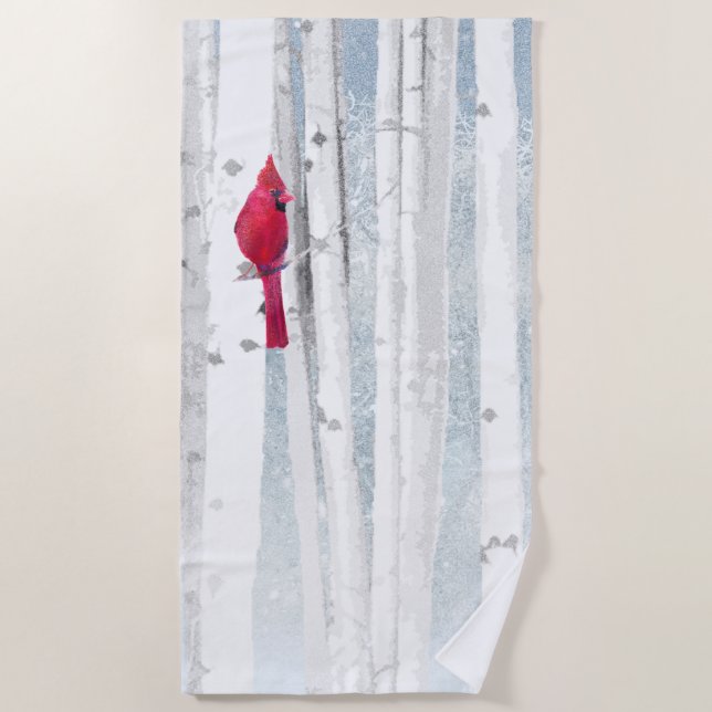 Roter Kardinal Bird in schönem, schneebedecktem Bi Strandtuch (Vorderseite)