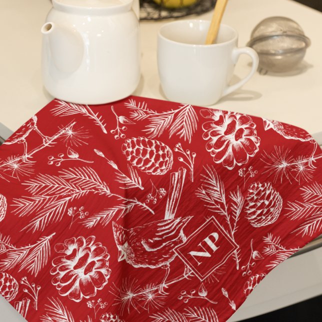 Roter Kardinal Bird, Pine and Winter Berries Geschirrtuch (Winter Red Cardinal Bird Pattern Christmas Kitchen Towel. Cardinal Bird, Pine Branches & Pinecones)