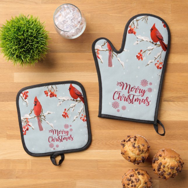 Roter Kardinal Birds Bäume Schnee Weihnachten Ofenhandschuh & Topflappen-Set (Oben Unten)
