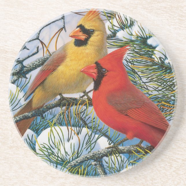 Roter Kardinal Birds Winter Snow Keramik Sandstone Getränkeuntersetzer (Vorne)