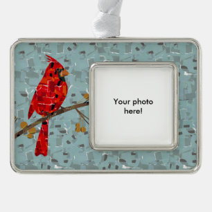 Roter Kardinal, der Weihnachtsvogel Rahmen-Ornament Silber