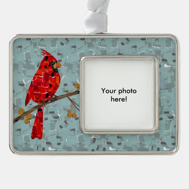 Roter Kardinal, der Weihnachtsvogel Rahmen-Ornament Silber (Vorderseite)