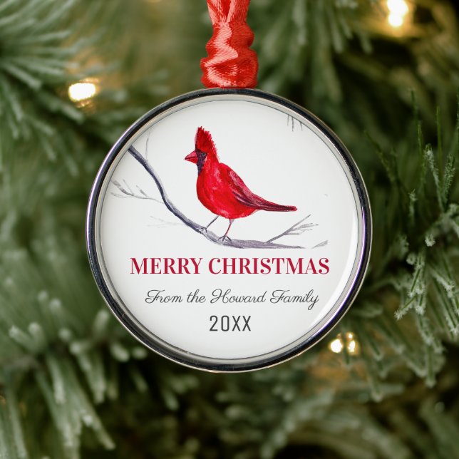 Roter Kardinal Frohe Weihnachtsbird Winter Ornament Aus Metall (Baum)