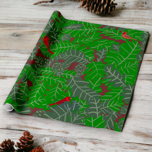 Roter Kardinal Grüne Blätter Braune Pine Cones Aco Geschenkpapier