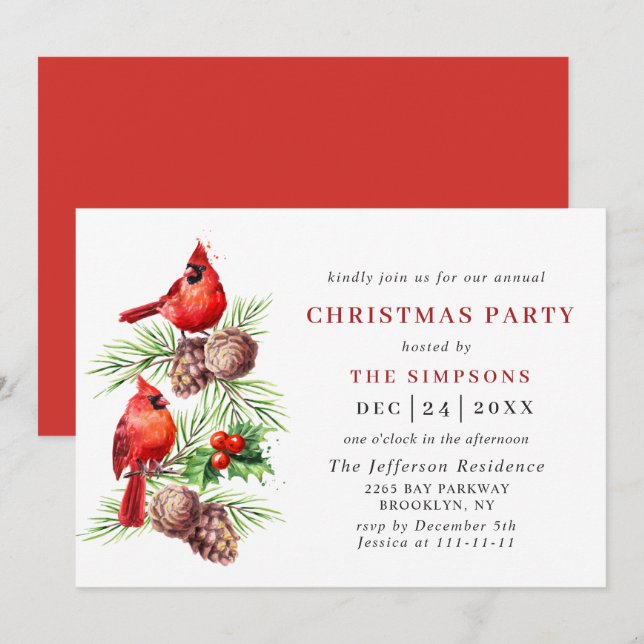 Roter Kardinal Holly Berry Holiday CHRISTMAS PARTY Einladung (Vorne/Hinten)