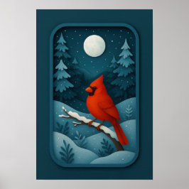 Roter Kardinal im mondbeschienenen Winterwald Poster