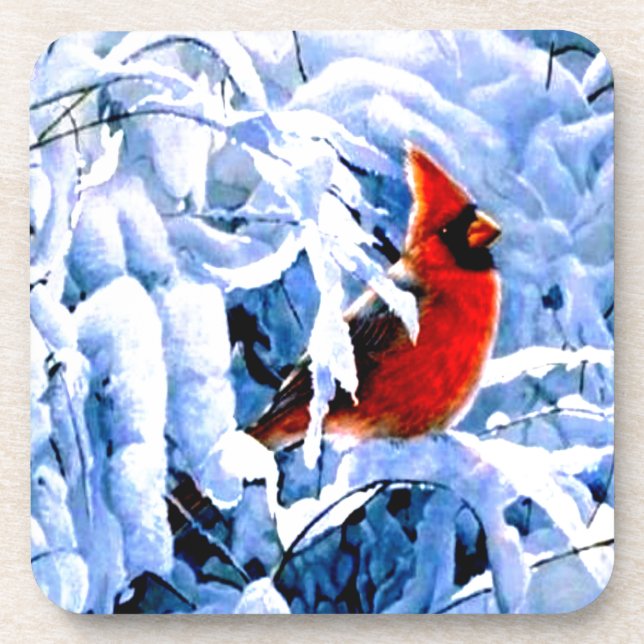 Roter Kardinal im Winterschnee Getränkeuntersetzer (Vorderseite)