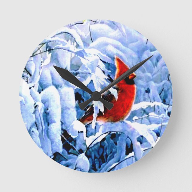 Roter Kardinal im Winterschnee Runde Wanduhr (Vorderseite)