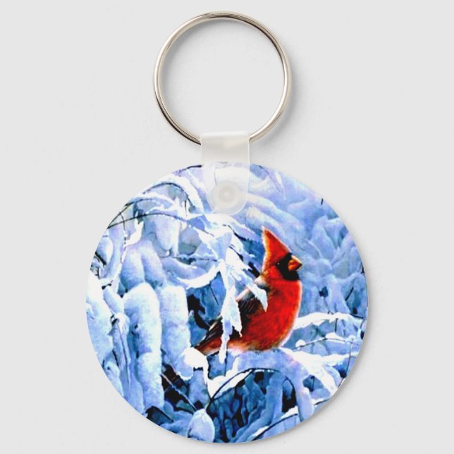 Roter Kardinal im Winterschnee Schlüsselanhänger (Vorderseite)