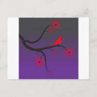 Roter Kardinal in einem Baum auf lila Hintergrund.