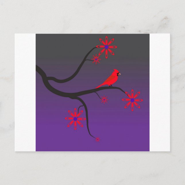 Roter Kardinal in einem Baum auf lila Hintergrund. Postkarte (Vorderseite)