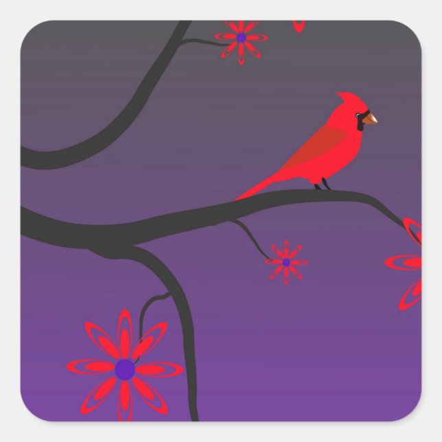 Roter Kardinal in einem Baum auf lila Hintergrund. Quadratischer Aufkleber (Vorderseite)