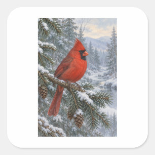 Roter Kardinal in einer verschneiten Waldlandschaf Quadratischer Aufkleber
