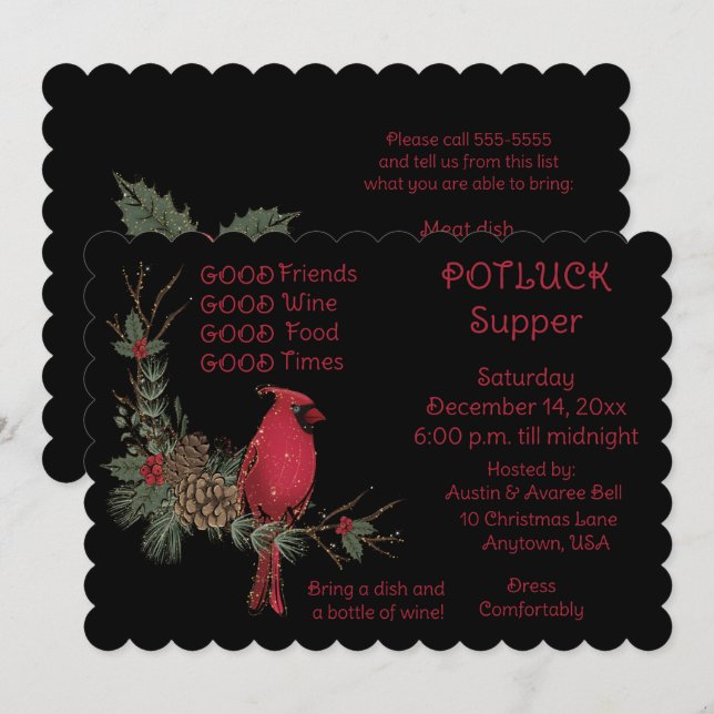 Roter Kardinal-Kranz-Weihnachts-Potluck-Abendessen Einladung (Vorne/Hinten)