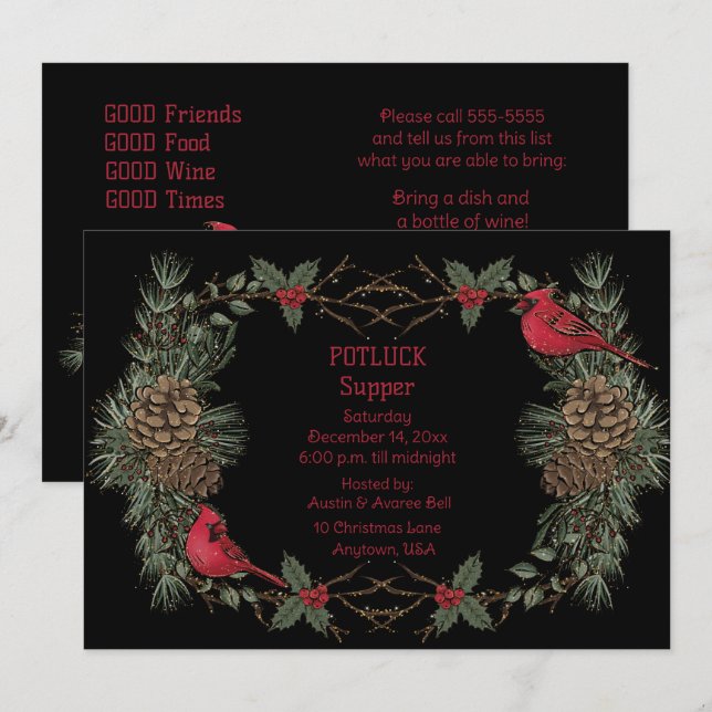 Roter Kardinal-Kranz-Weihnachts-Potluck-Abendessen Einladung (Vorne/Hinten)