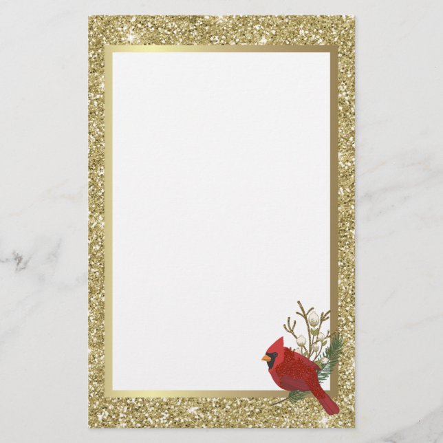 Roter Kardinal mit Glittery Gold Border Briefpapier (Vorderseite)