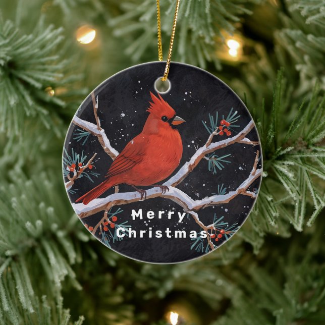 Roter Kardinal mit Winterroten Berries Keramik Ornament (Baum)