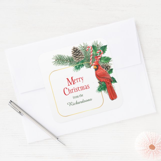 Roter Kardinal Pine Cone Bouquet Weihnachten Quadratischer Aufkleber (Umschlag)