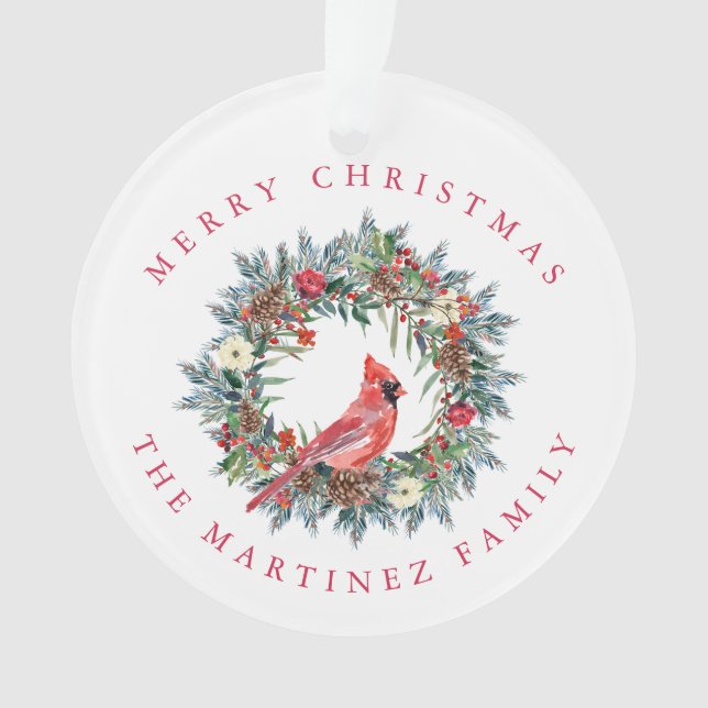 Roter Kardinal Pine Wreath Frohe Weihnachten Ornament (Vorderseite)