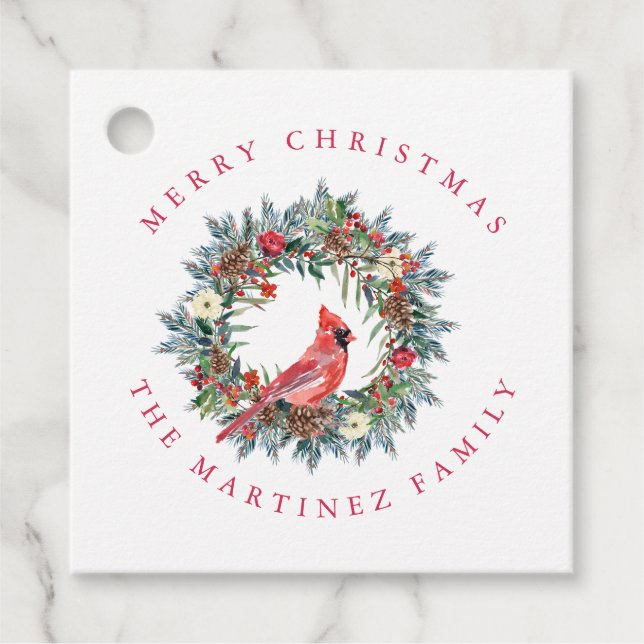 Roter Kardinal Pine Wreath Frohe Weihnachtsgeschen Geschenkanhänger (Vorderseite)