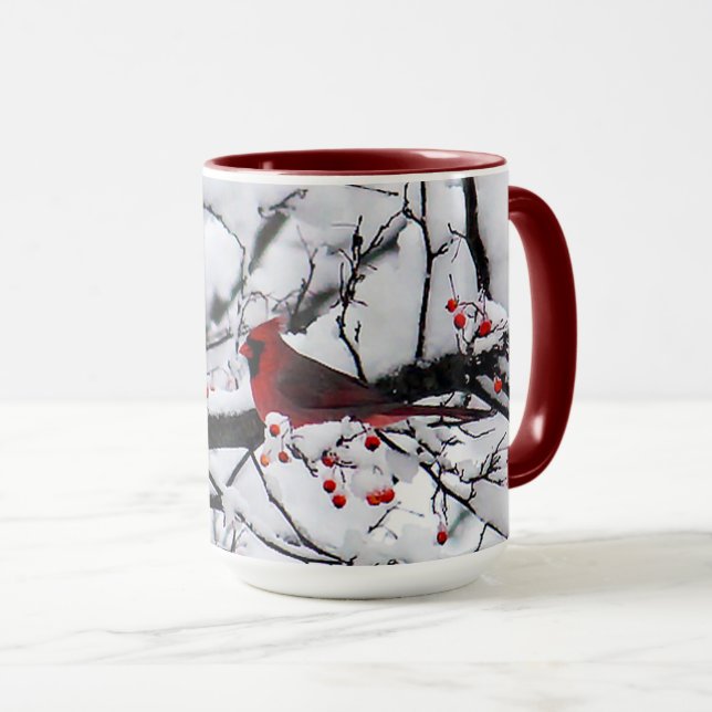 Roter Kardinal Schneebaum Foto Tasse (VorderseiteRechts)