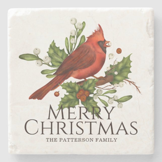 Roter Kardinal-Stechpalmen-Weihnachts-Geschenk mit Steinuntersetzer (Vorderseite)