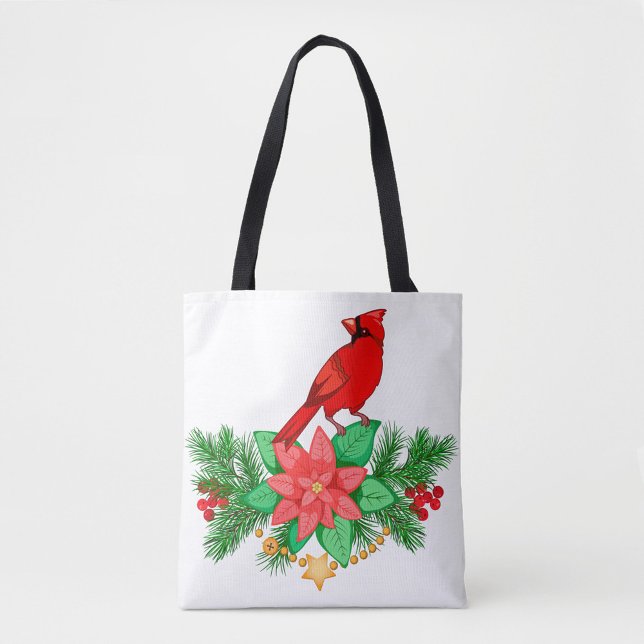 Roter Kardinal Tote Tasche (A white tote bag with black handles features a festive design.)