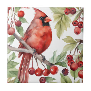 Roter Kardinal und roter Beerenzweig Weihnachten Fliese