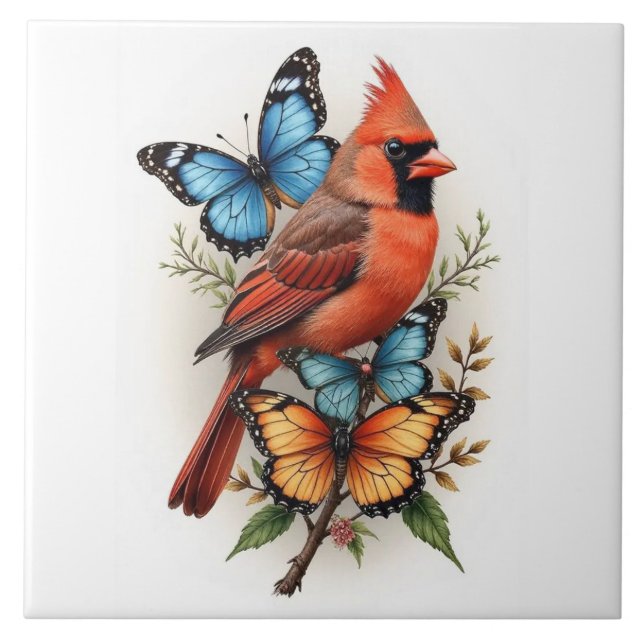 roter Kardinal und Schmetterlinge Fliese (Vorderseite)