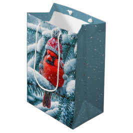 Roter Kardinal-Vogel mit Wintermütze Mittlere Geschenktüte
