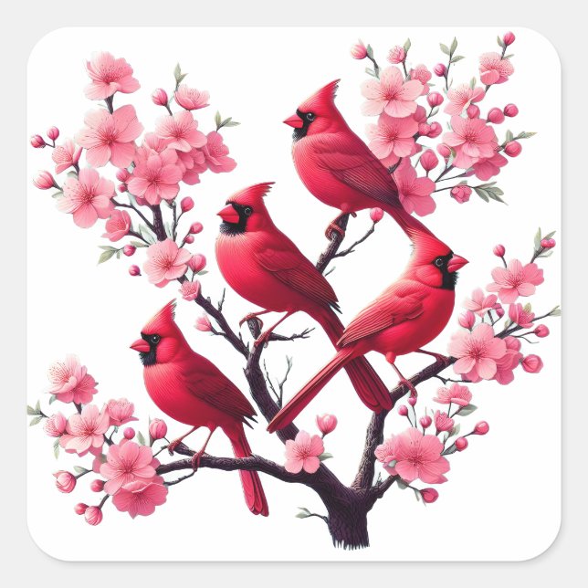 Roter Kardinal Vögel Rosa Kirsche Blossom Tree Bir Quadratischer Aufkleber (Vorderseite)