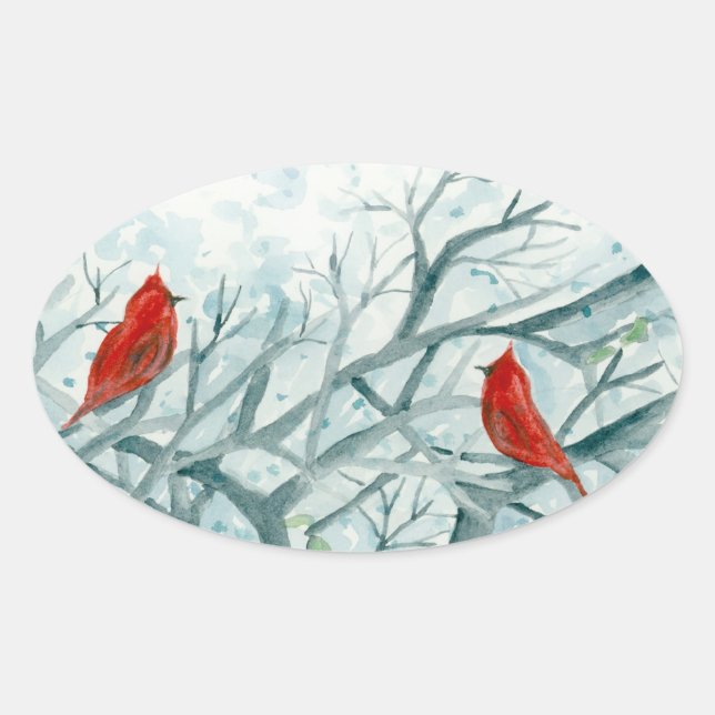 Roter Kardinal Vögel Winterbaume Wasserfarbe Ovaler Aufkleber (Vorderseite)