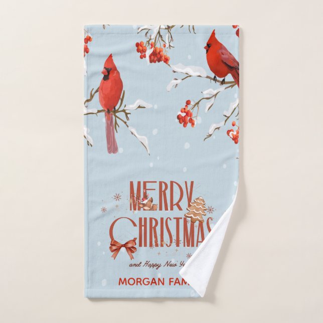 Roter Kardinal Vogelbäume Frohe Weihnachten Blau Badhandtuch Set (Handtuch)
