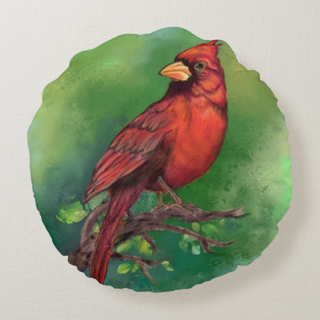 Roter Kardinal - Vogelrundkissen - Malerei Rundes Kissen (Rückseite)