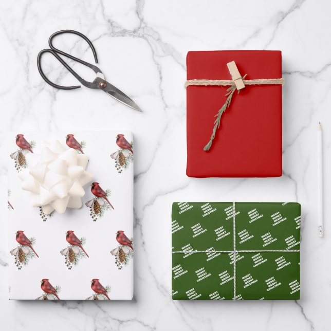 Roter Kardinal Weihnachtsverpackung koordiniert Geschenkpapier Set (Vorderseite)