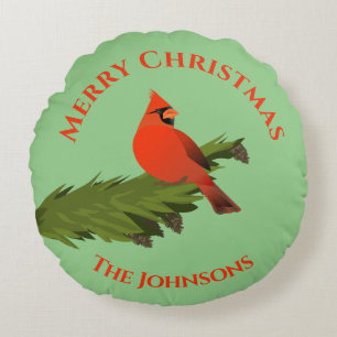 Roter Kardinal-Weihnachtsvogel-grüne Wurfkissen Rundes Kissen