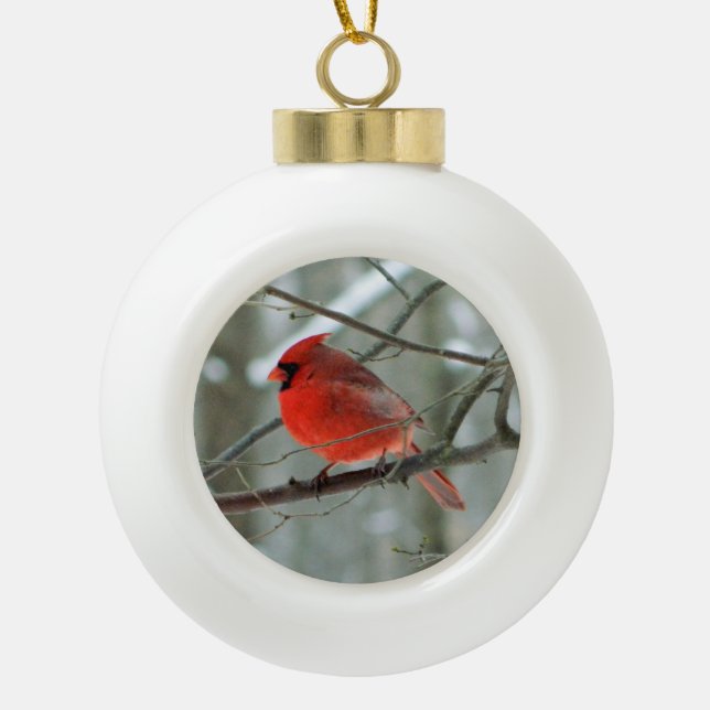 Roter Kardinal Winterschmuck Keramik Kugel-Ornament (Vorderseite)