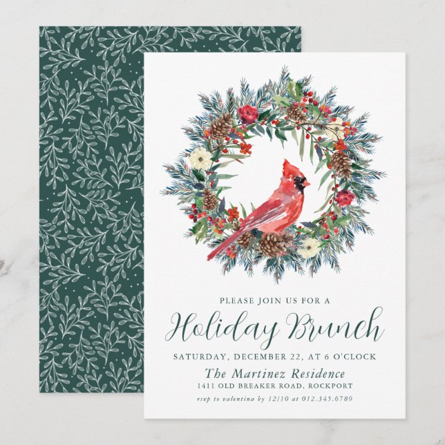 Roter Kardinal Wreath Holiday Brunch Einladung (Vorne/Hinten)