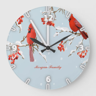Roter Kardinalvogel Baum Schnee Weihnachten Große Wanduhr