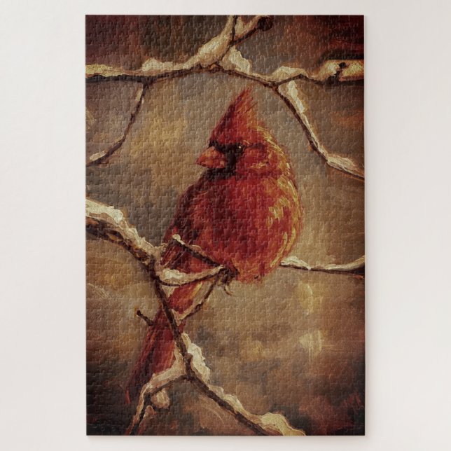 Roter Kardinalvogel-Ölgemälde – Winterzweig (Vertikal)