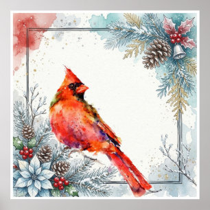 Roter Kardinalvogel Pointsettia Winter Beerengrün Poster