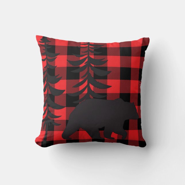 Roter Karierter Bär Silhouette Kissen (Vorderseite)