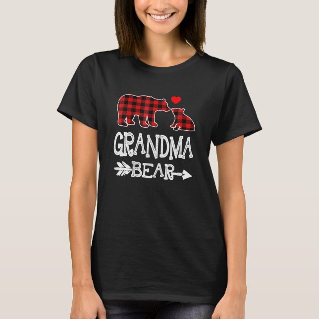 Roter Karierter Oma Bär Weihnachten Pajama Match T-Shirt (Vorderseite)