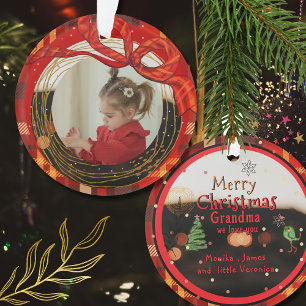Roter Karo-Foto-Schmuck mit handgezeichnetem Band Ornament
