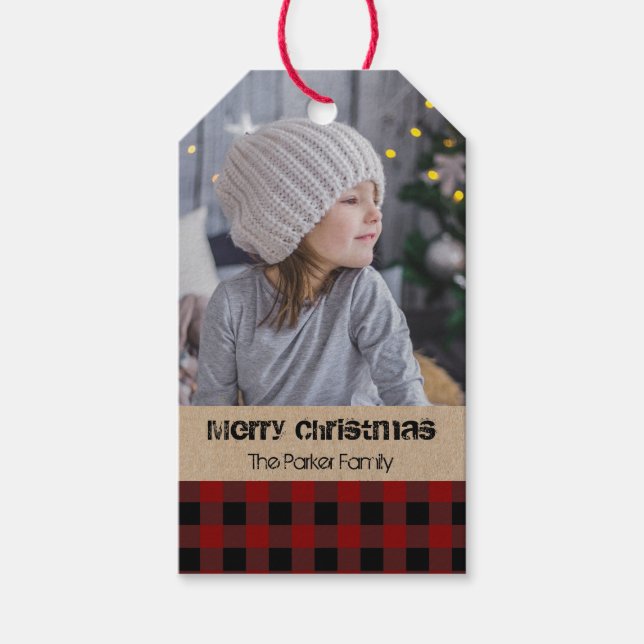 Roter Karo kariert Rustikales Foto Weihnachten Geschenkanhänger (Vorderseite)