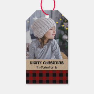 Roter Karo kariertes rustikales Foto-Weihnachten Geschenkanhänger