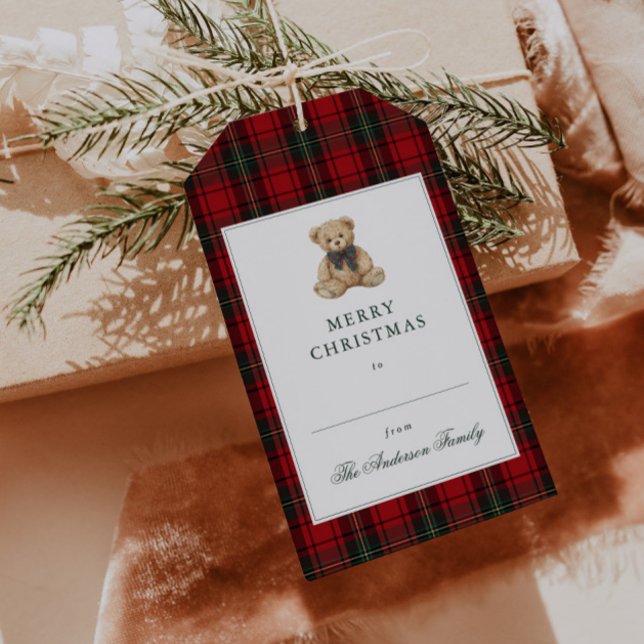 Roter Karo-Teddybär-Weihnachten Geschenkanhänger (Von Creator hochgeladen)