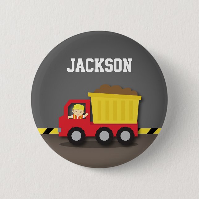 Roter Kipper-Bau-Erbauer-Junge Button (Vorderseite)